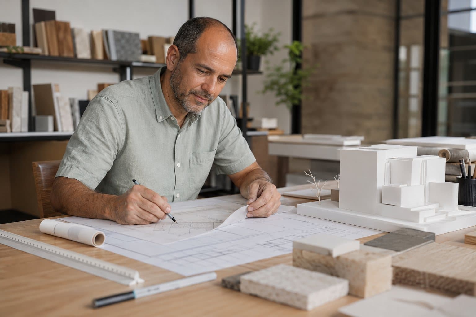 Un architecte annote un plan à sa table de travail, une maquette blanche et des échantillons posés à côté